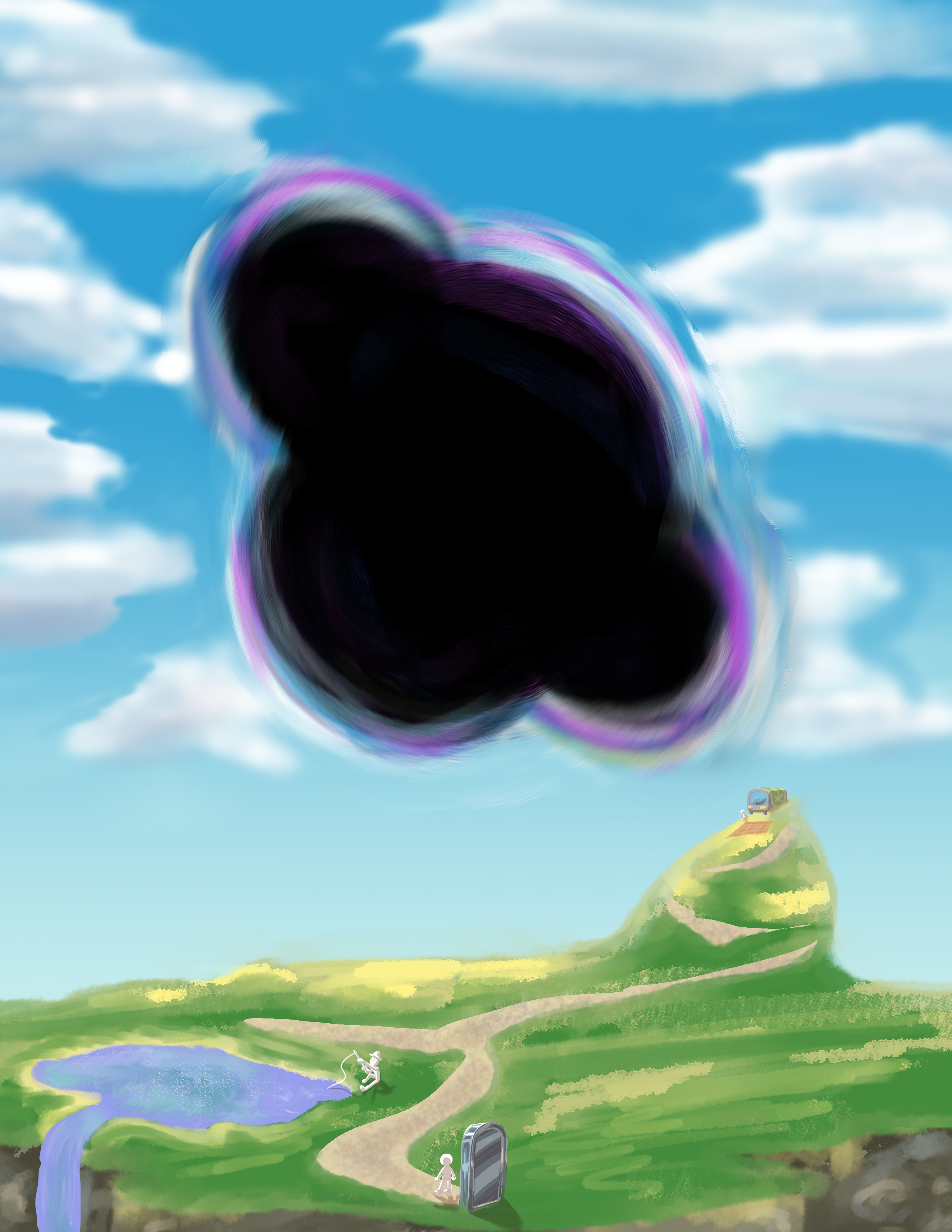 A floating island in the sky, sparce with people. The focus is the globulous black hole in the sky.