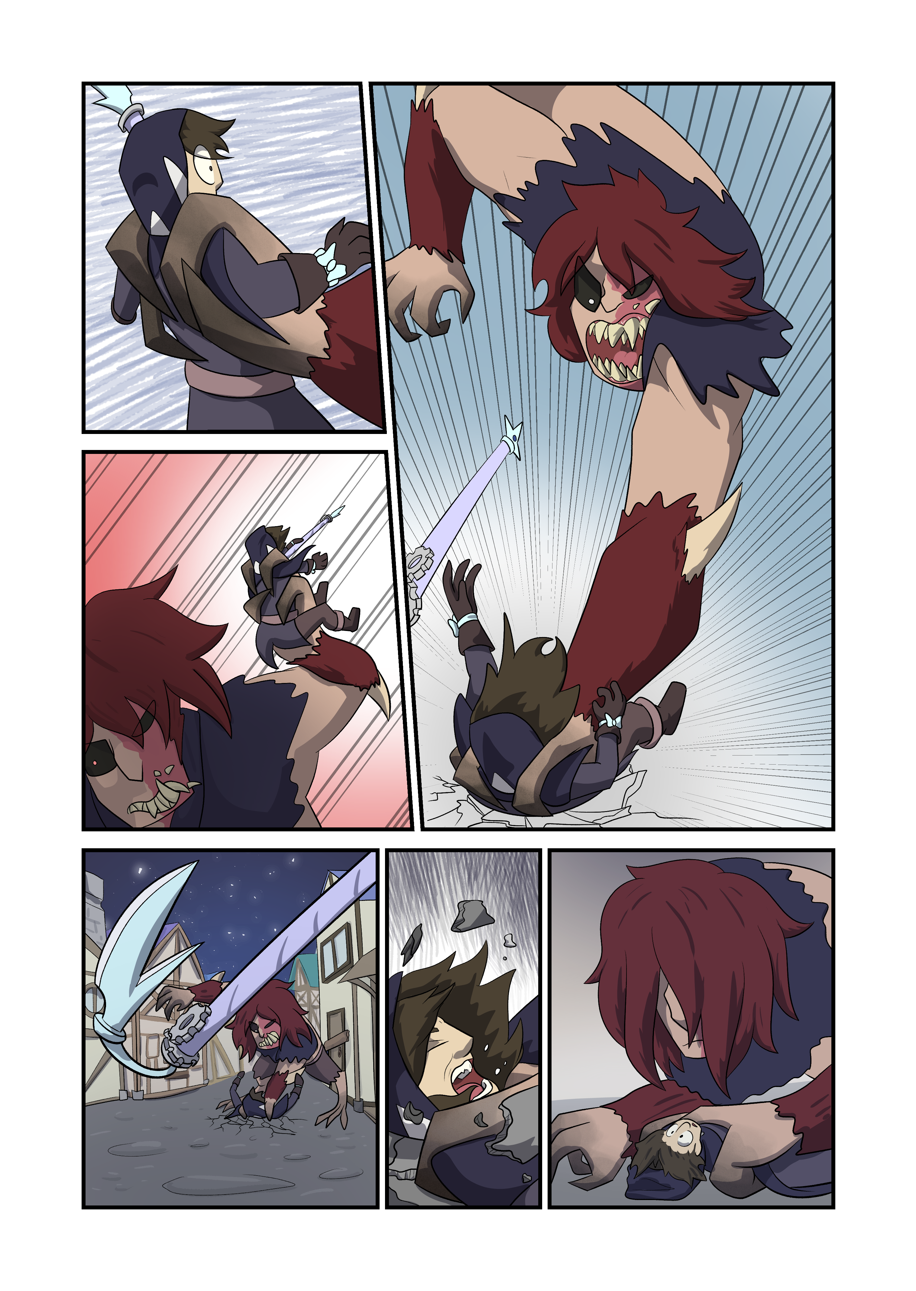 A four panel comic of a girl fighting a humanoid monster.