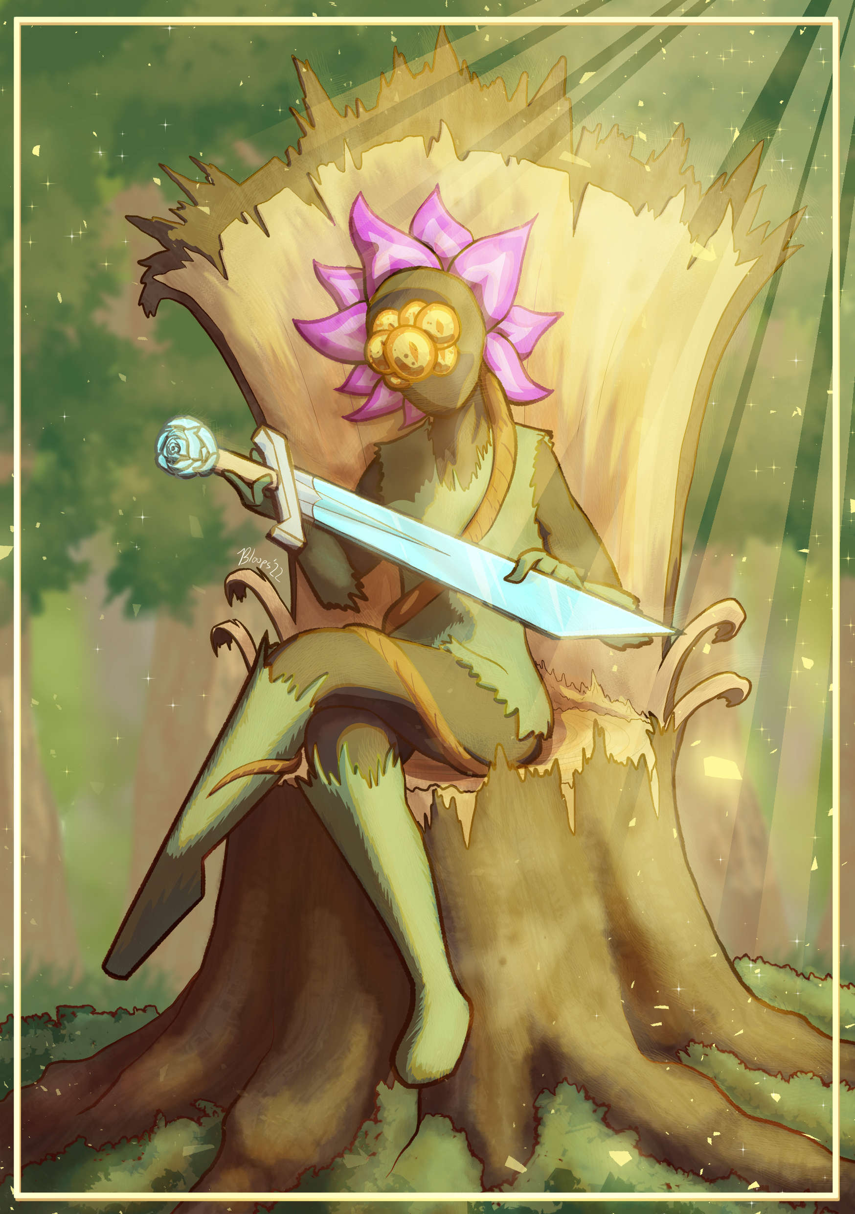 A person made of Moss holding a diamond sword on a wooden throne.