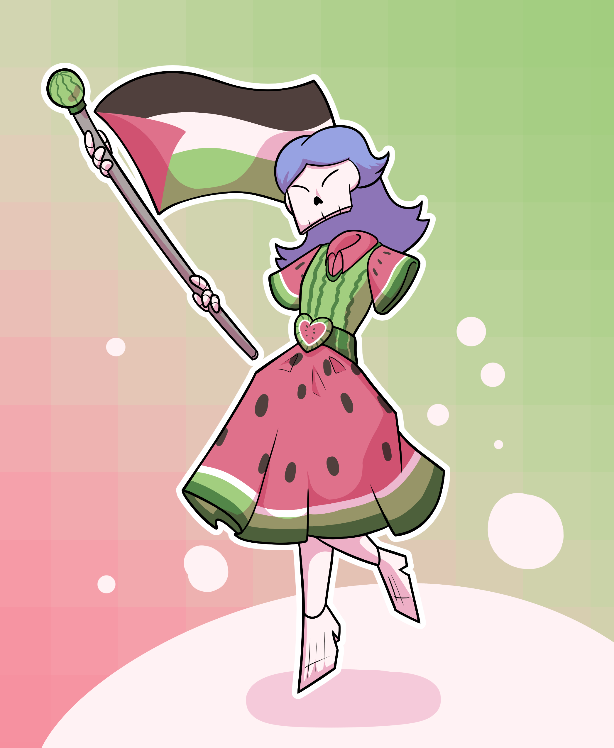 a skeleton girl dressed as a watermelon, holding the palestinian flag