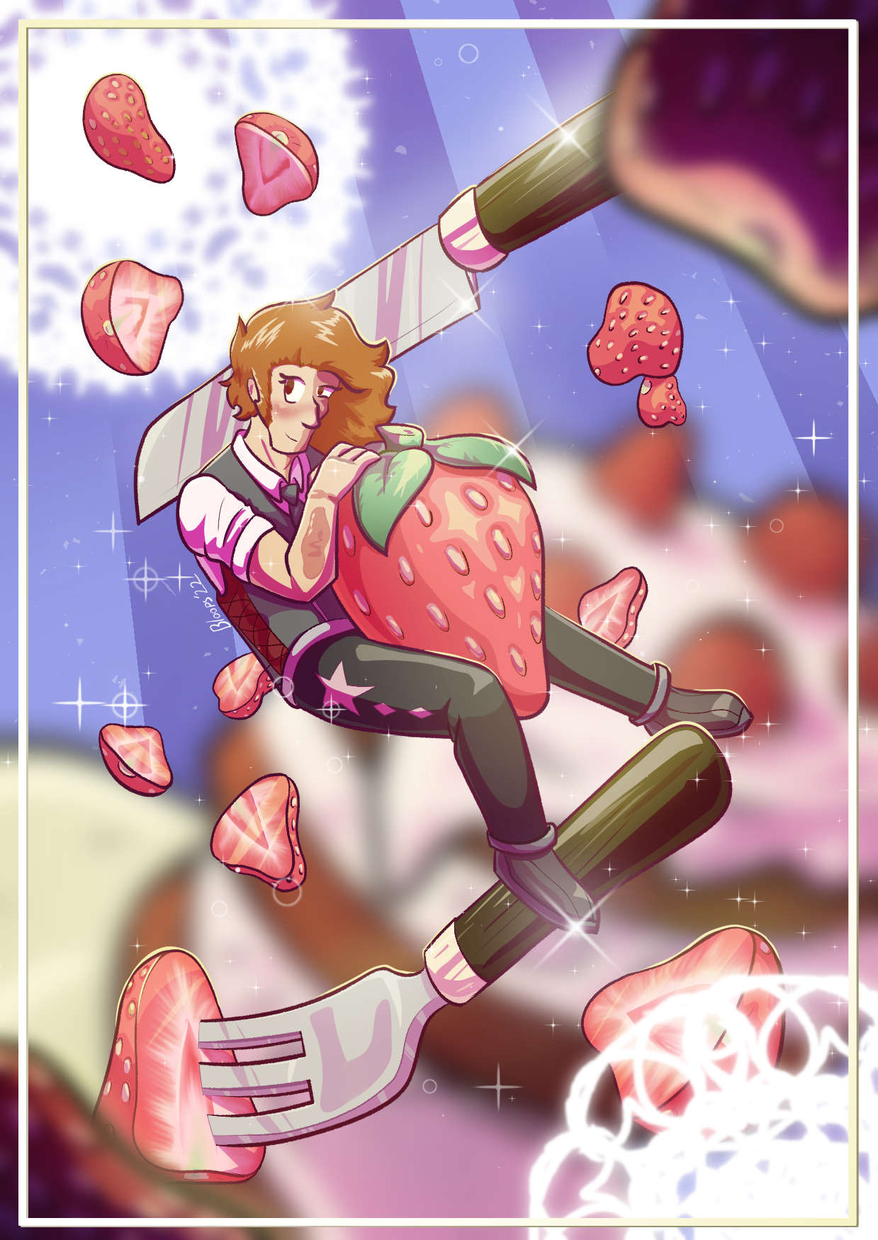 a man floating in a cake space holding onto a strawberry